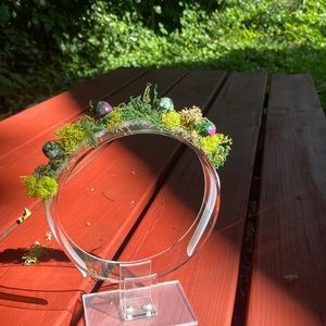 Green Crystal Mushroom toothed Headband with Moss